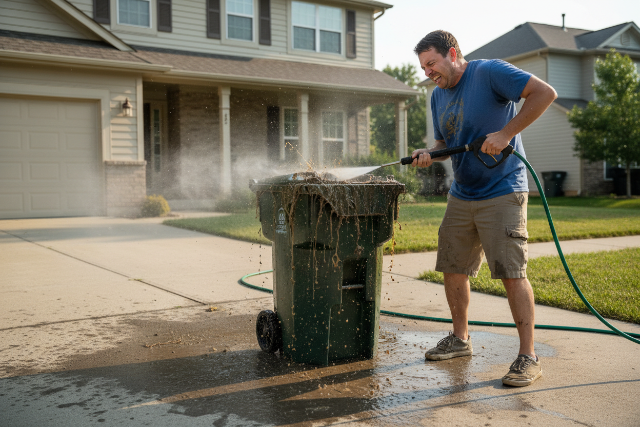 Make a picture of a man cleaning his gross garbage can in front of his home and splashing gross dirty water on the concrete and the trashcan, being really smelly and him not liking it